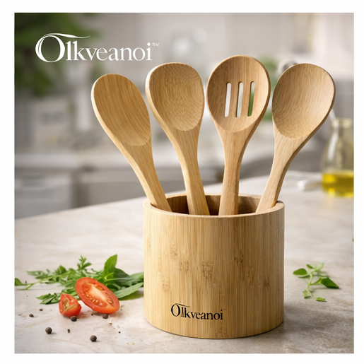 Olkveanoi™ Bamboo Kitchen Utensil Set with Storage Holder – 5-Piece